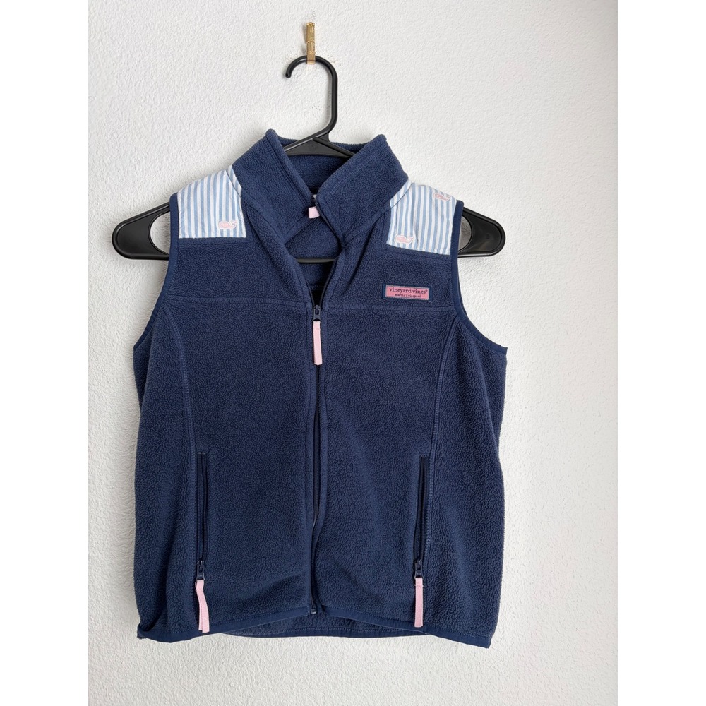 Vineyard Vines Girls Fleece Vest‎ Navy Blue Seersucker Whale S 7-8